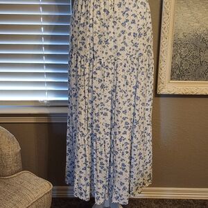 Elegant Floral White and Blue Maxi Skirt